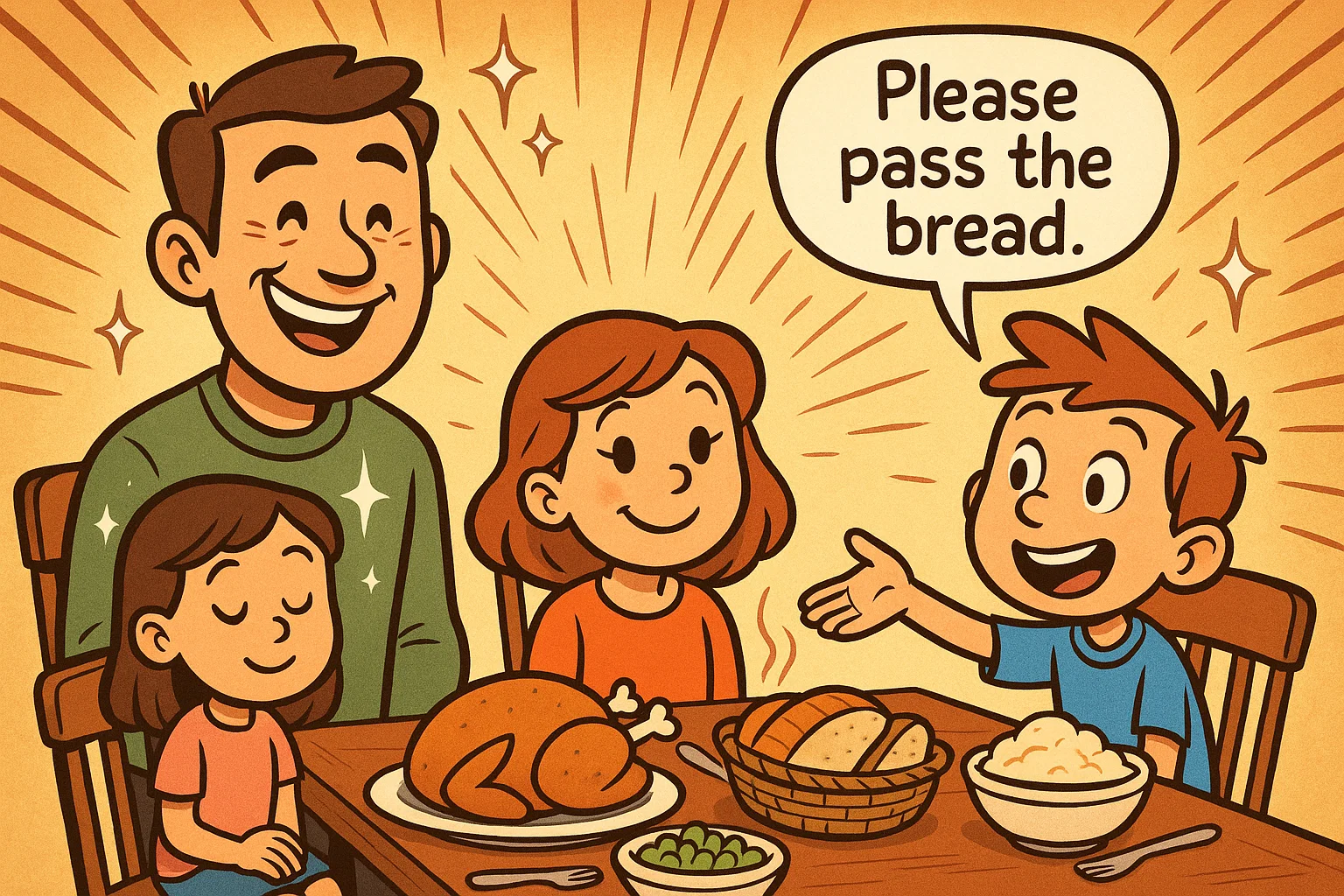 Family practicing table manners at dinner to build mutual respect.