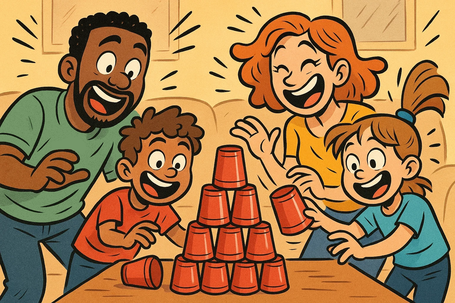  Family friendly one minute games with parents and kids playing together. 
