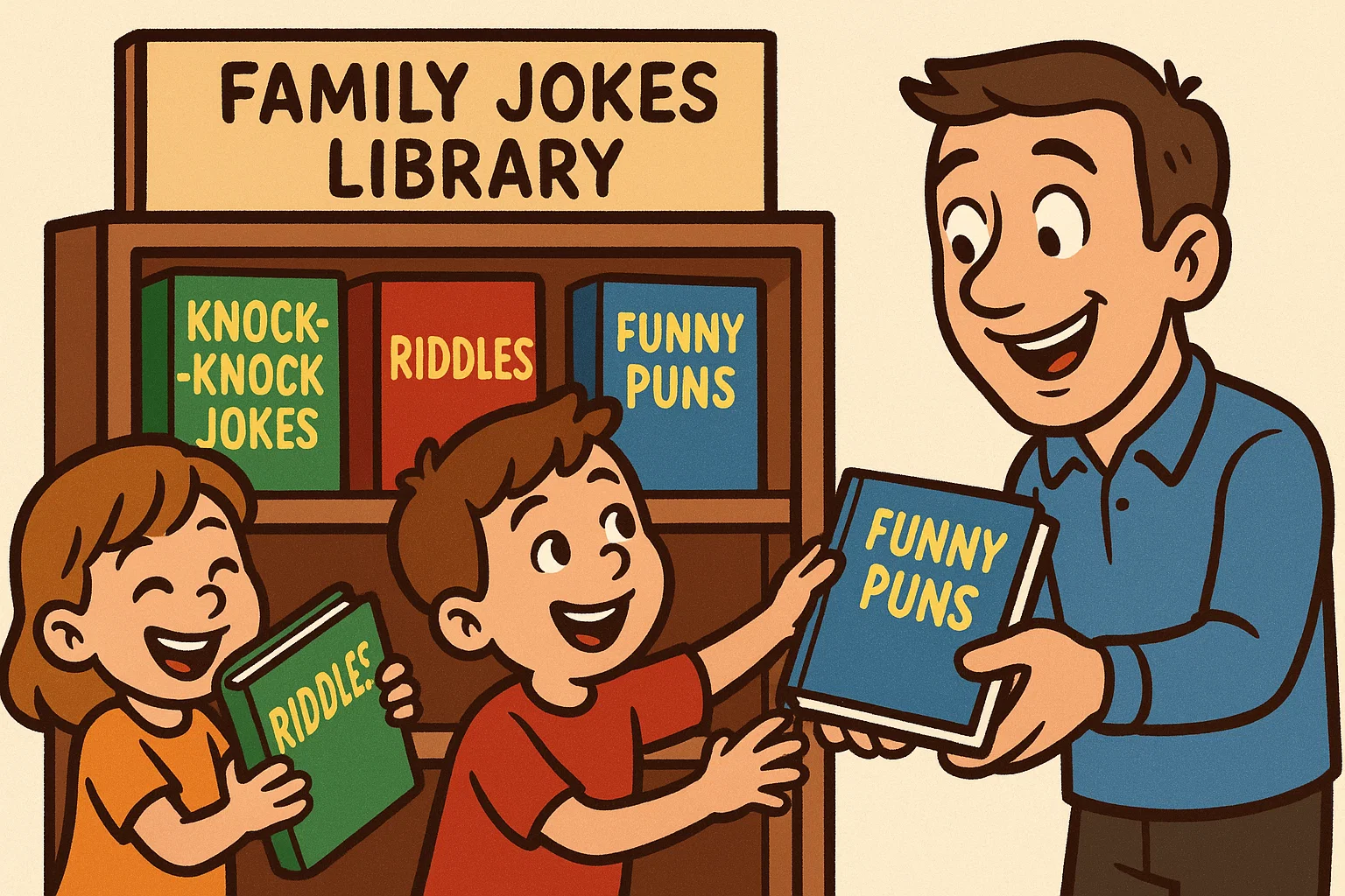 Cartoon kids picking family joke books from colorful bookshelf. Cartoon kids picking family joke books from colorful bookshelf.