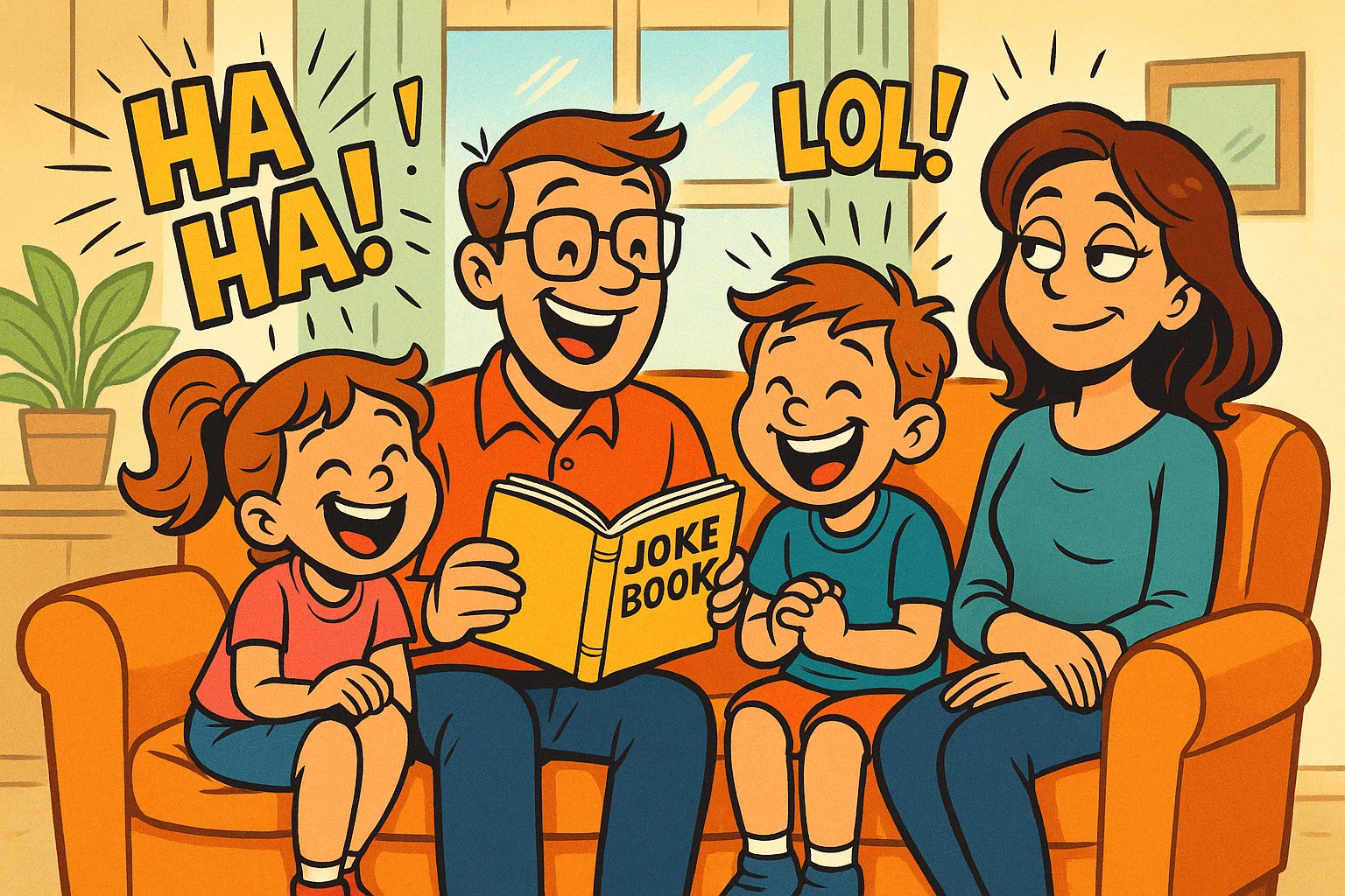 Cartoon family laughing at dad jokes with kids giggling and parents smiling. Cartoon family laughing at dad jokes with kids giggling and parents smiling.
