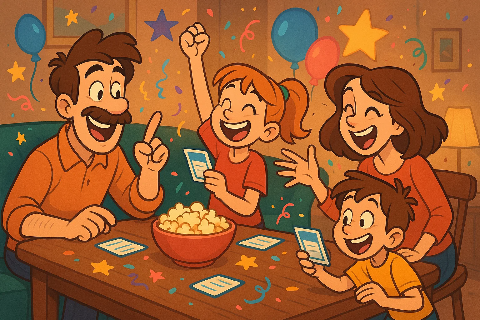 Family playing Disney trivia game night in cozy cartoon living room setting. Family playing Disney trivia game night in cozy cartoon living room setting.