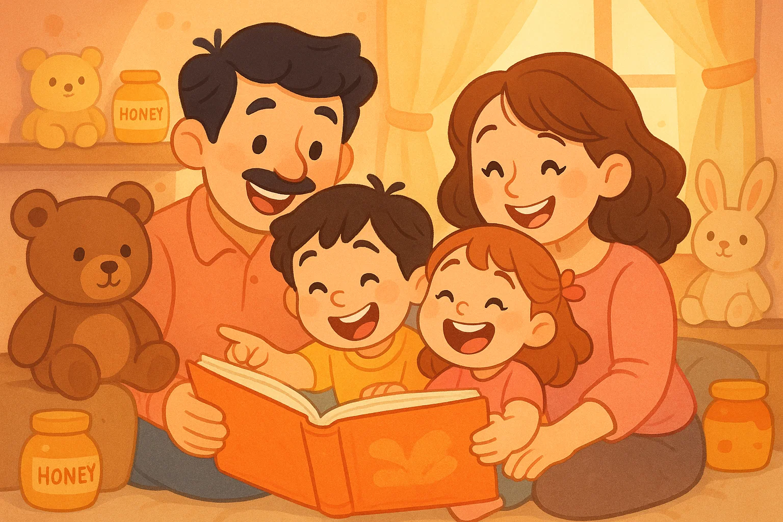 Family reading a storybook together in a cozy room filled with warmth and joy. Family reading a storybook together in a cozy room filled with warmth and joy.