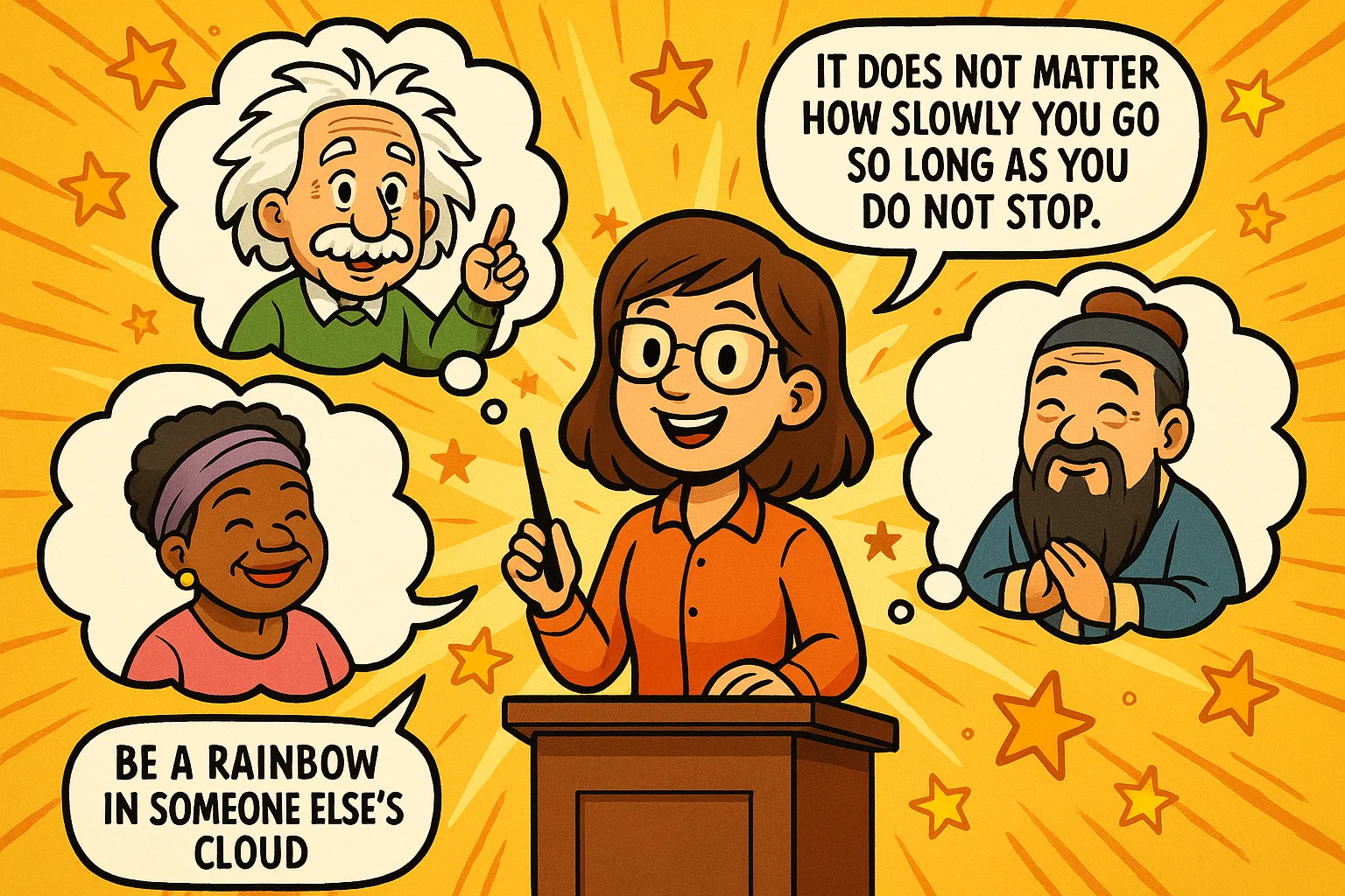 Cartoon teacher presenting famous Teachers Day quotes with students. Cartoon teacher presenting famous Teachers Day quotes with students.