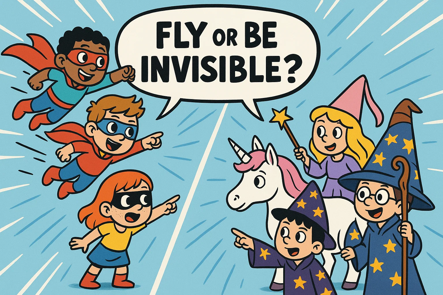 Kids dressed as superheroes and wizards in fantasy this or that questions cartoon. Kids dressed as superheroes and wizards in fantasy this or that questions cartoon.