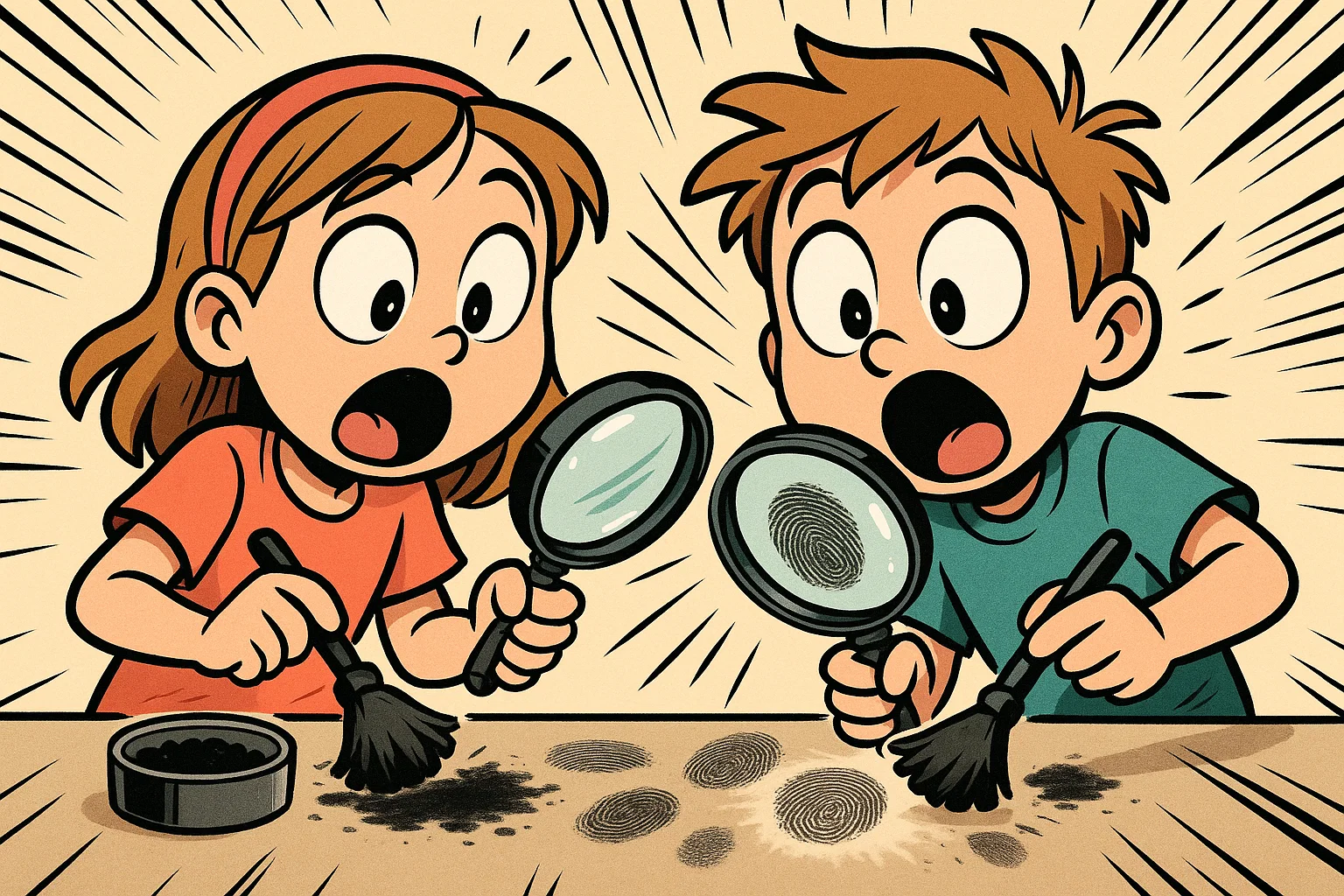 Cartoon kids using a fingerprint kit. Cartoon kids using a fingerprint kit.