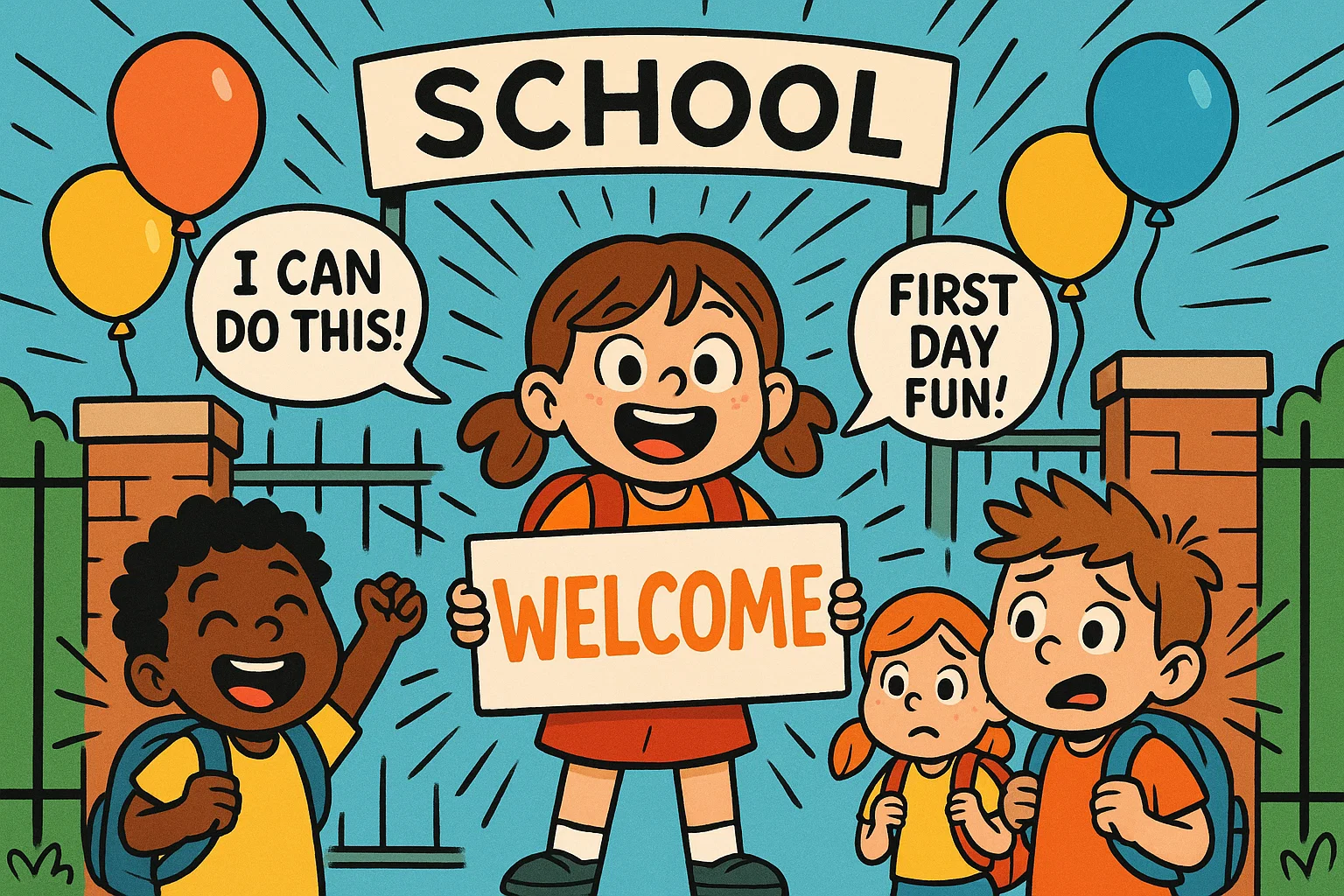 Cartoon kids with backpacks at school gate showing first day of school quotes. Cartoon kids with backpacks at school gate showing first day of school quotes.