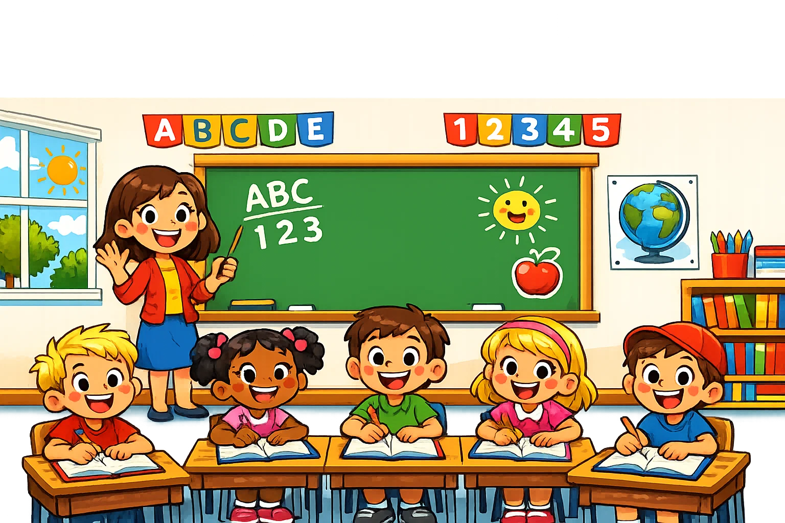 First grade writing prompts classroom scene with kids writing and smiling teacher.
