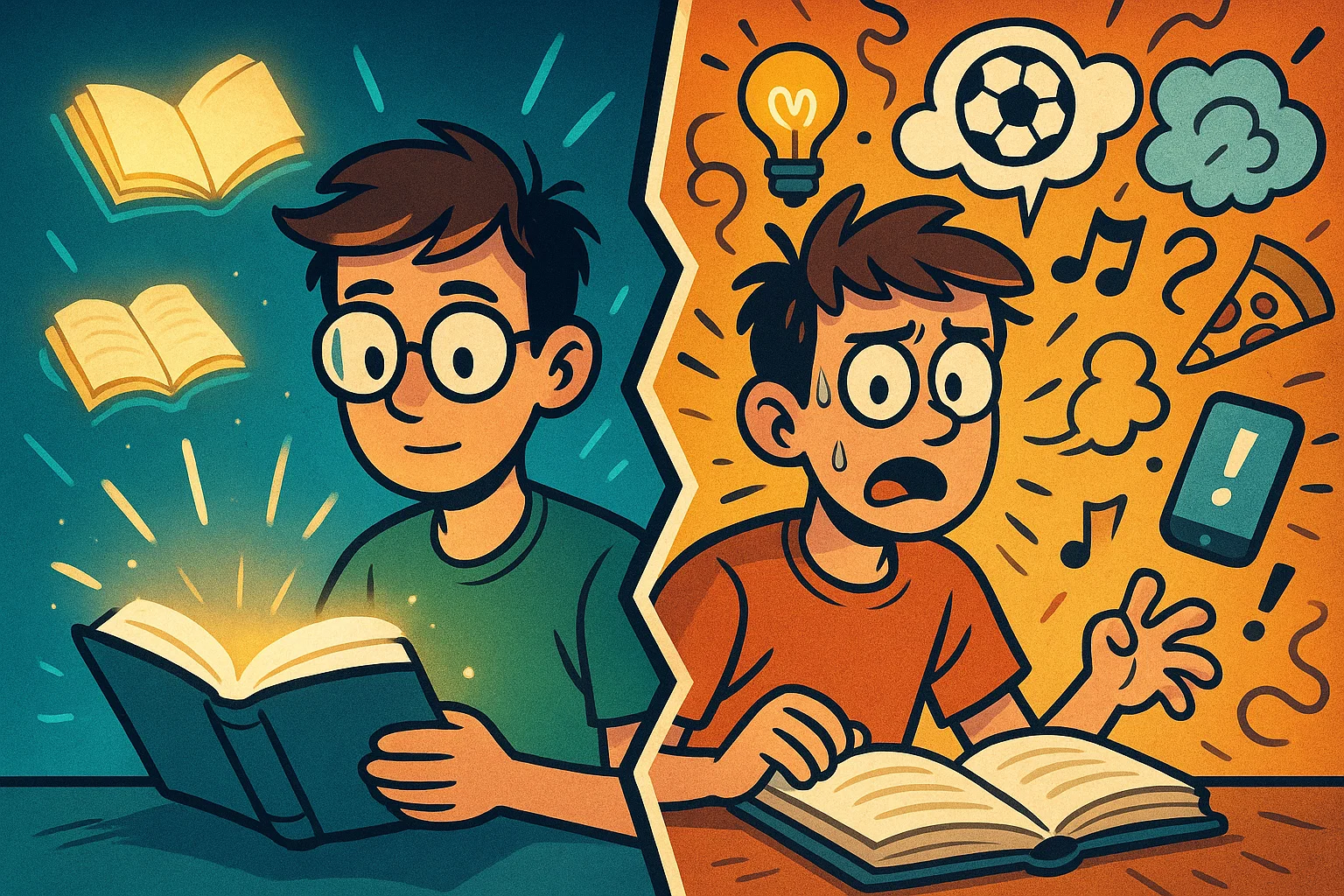 Focus vs distraction comic scene with student torn between studying and phone alerts. Focus vs distraction comic scene with student torn between studying and phone alerts.