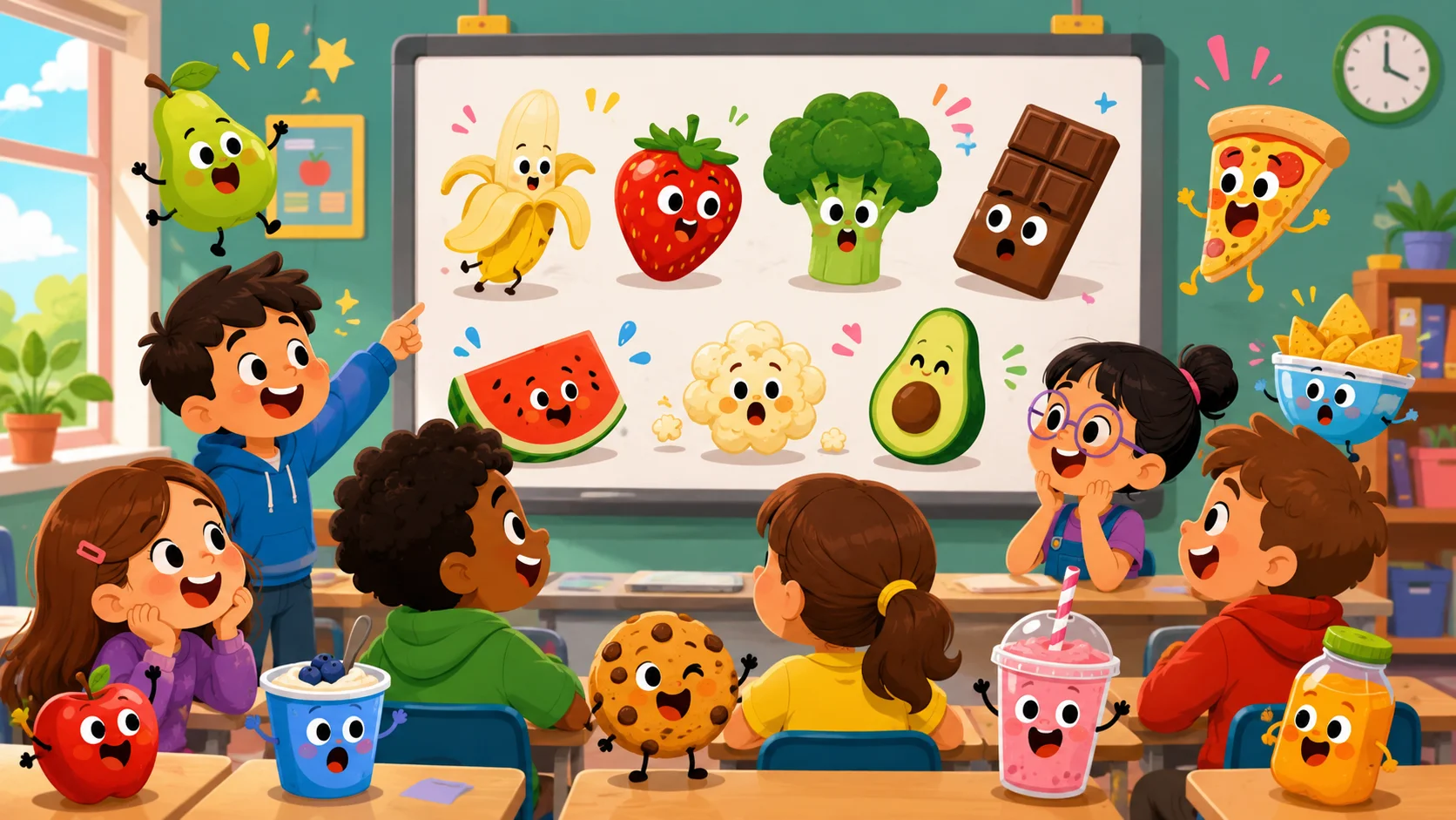 Food and drink facts for students in playful cartoon classroom. 
