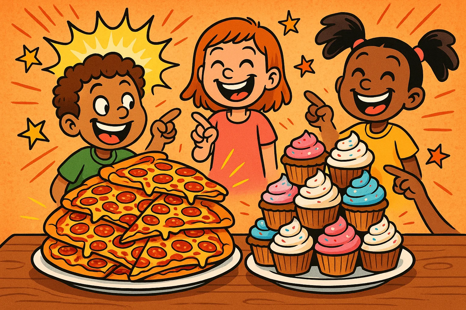 Kids choosing pizza or cupcakes in food this or that questions cartoon. Kids choosing pizza or cupcakes in food this or that questions cartoon.