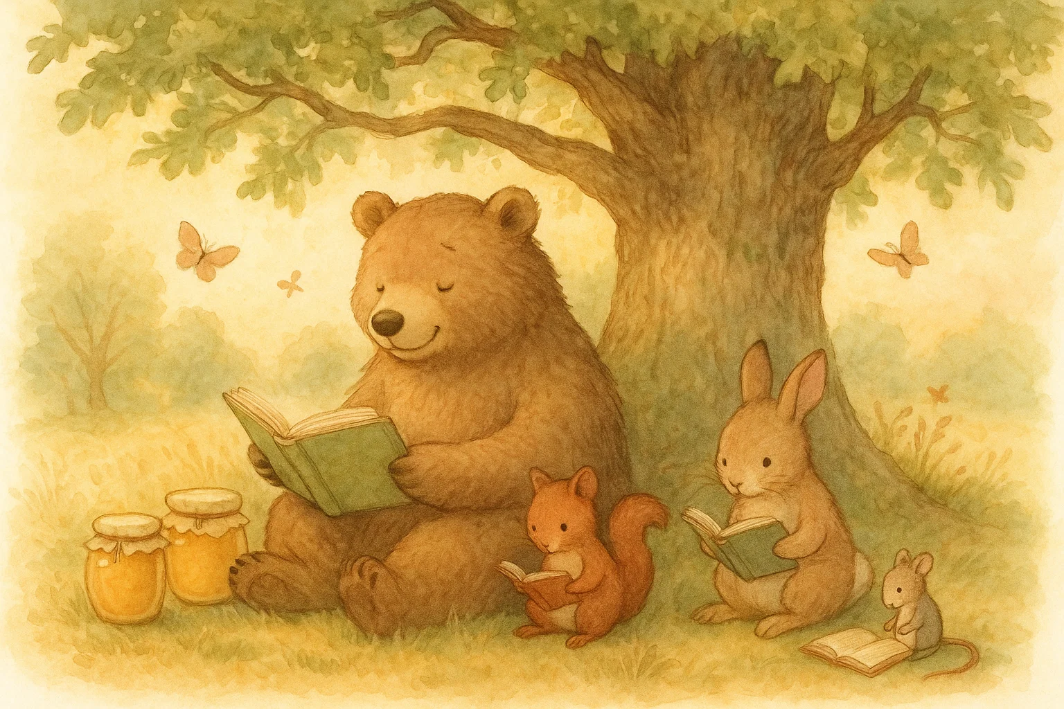 A friendly bear and forest friends read under an oak tree in a warm storybook scene. A friendly bear and forest friends read under an oak tree in a warm storybook scene.