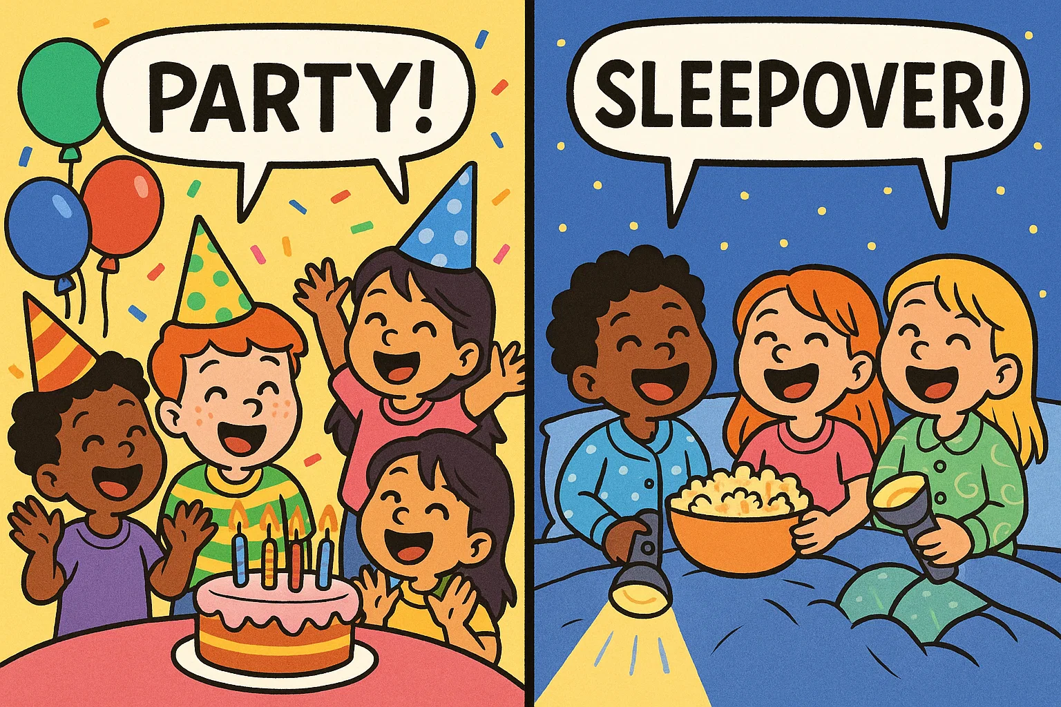 Cartoon kids picking party or sleepover in friendship this or that questions. Cartoon kids picking party or sleepover in friendship this or that questions.
