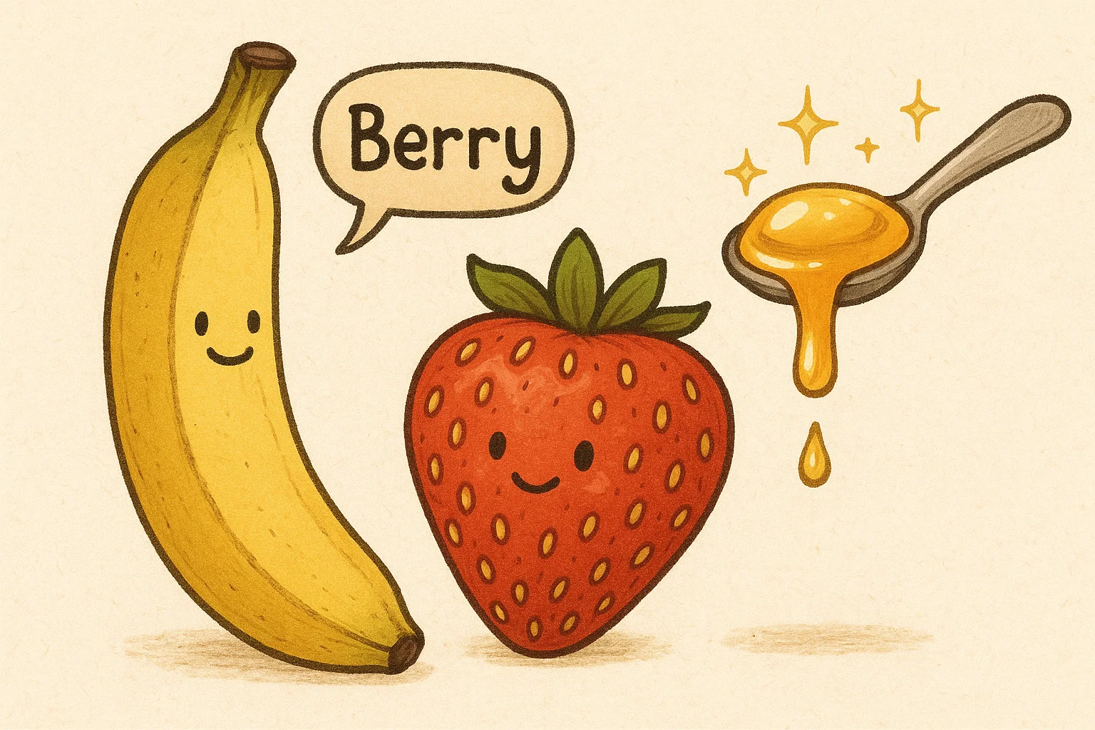 A bright cartoon of a banana (labeled 'berry'), a strawberry with seeds on the outside, and a spoonful of perfect, eternal honey.