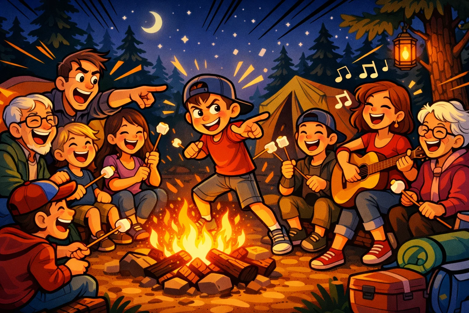 Fun campfire games family group enjoying activities around fire at night.