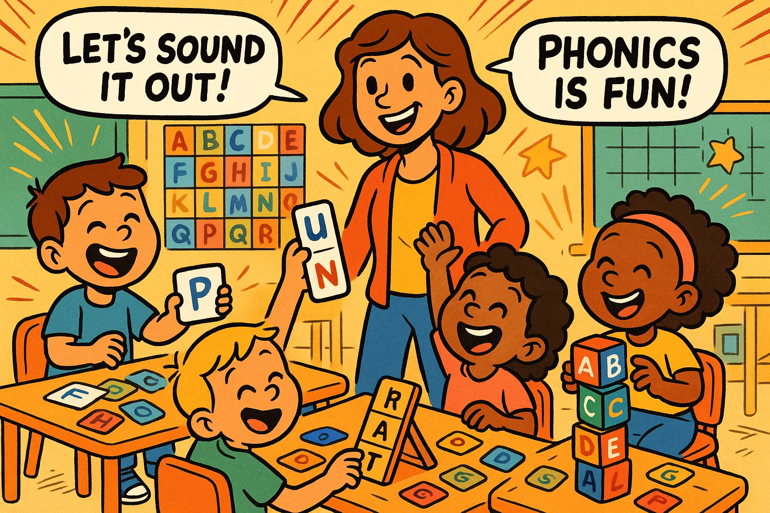 Children learning phonics through games and worksheets in a kindergarten classroom. Children learning phonics through games and worksheets in a kindergarten classroom.
