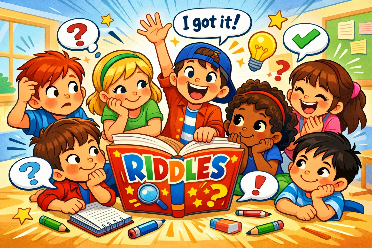 Fun riddles for 8 year olds with answers in a playful learning scene.