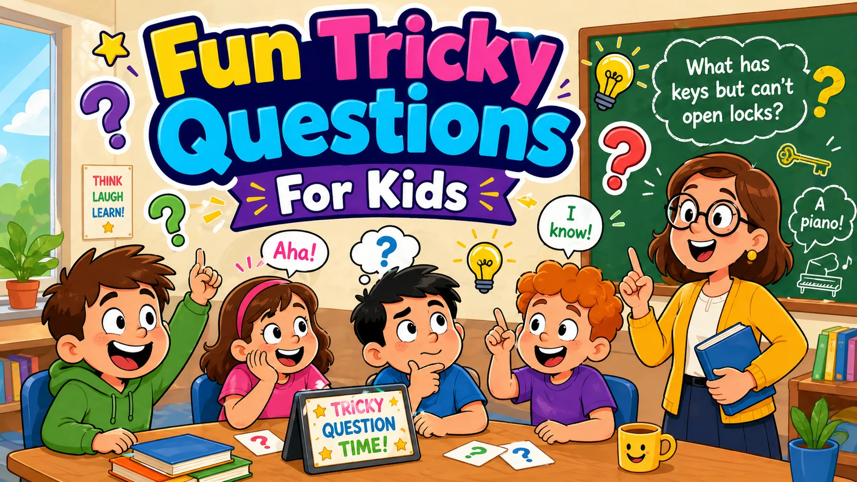 Fun tricky questions for kids classroom game with teacher and students. 