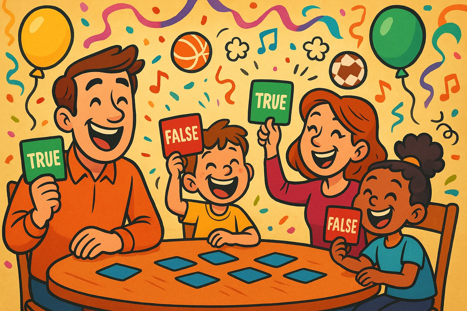 Family playing fun true or false questions for kids at game night. Family playing fun true or false questions for kids at game night.