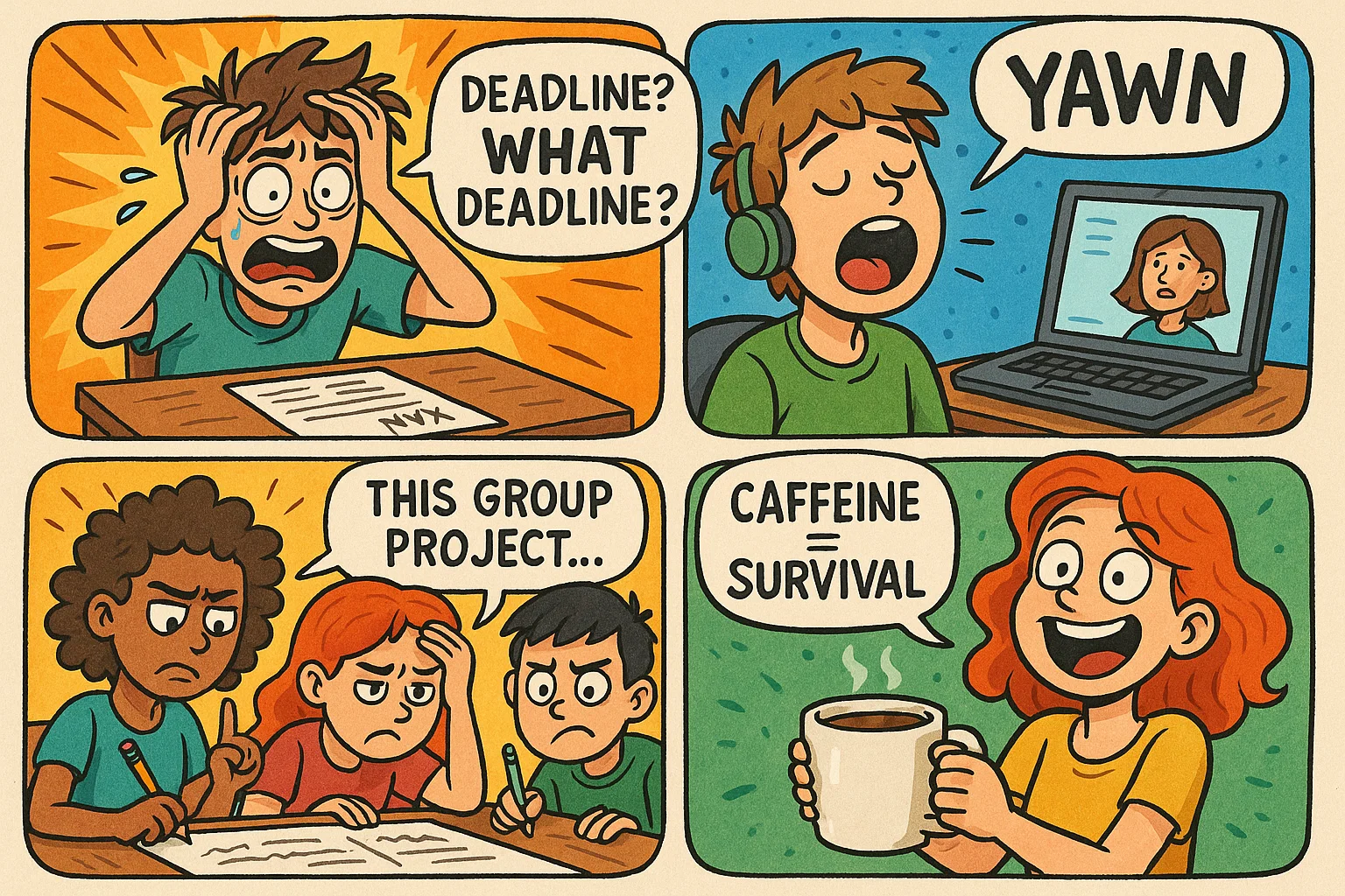 Cartoon of funny student memes classroom scenes with relatable expressions.
