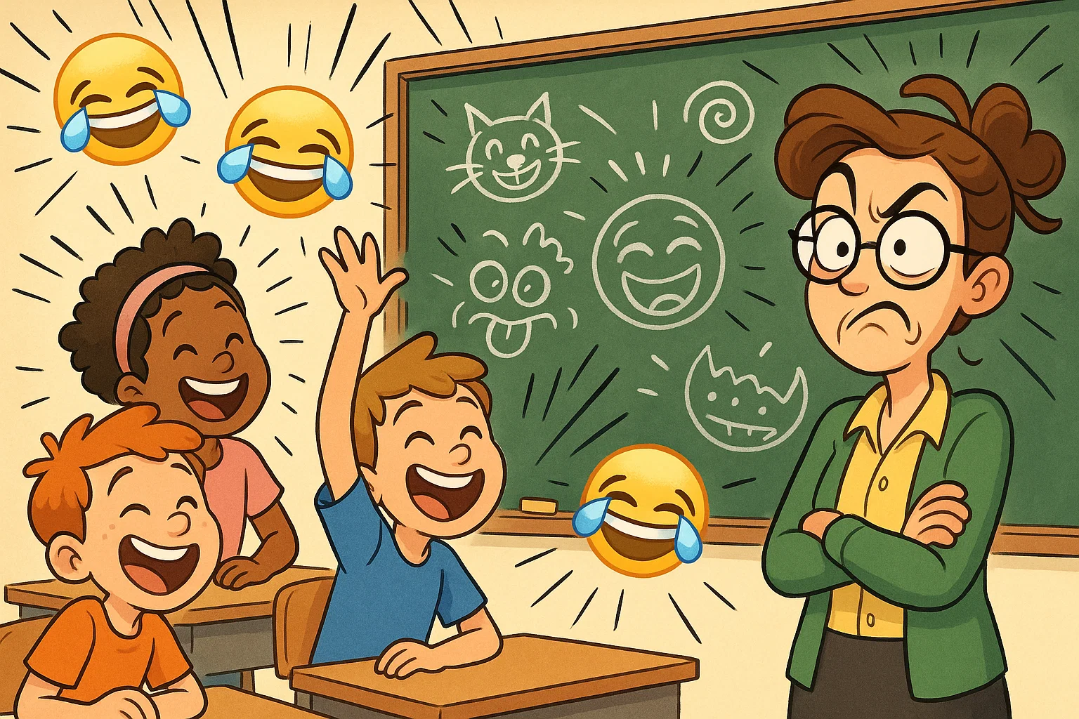 Cartoon students enjoying funny Teachers Day quotes with smiling teacher. Cartoon students enjoying funny Teachers Day quotes with smiling teacher.