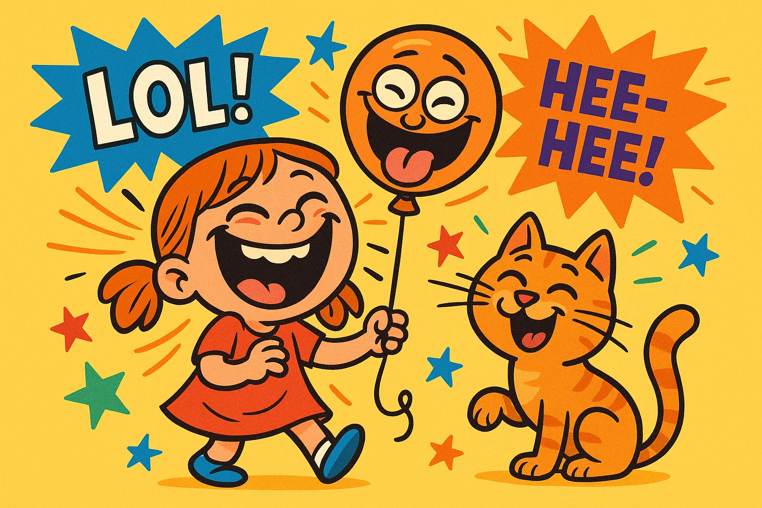 Laughing cartoon girl with funny words in comic bubbles. Laughing cartoon girl with funny words in comic bubbles.