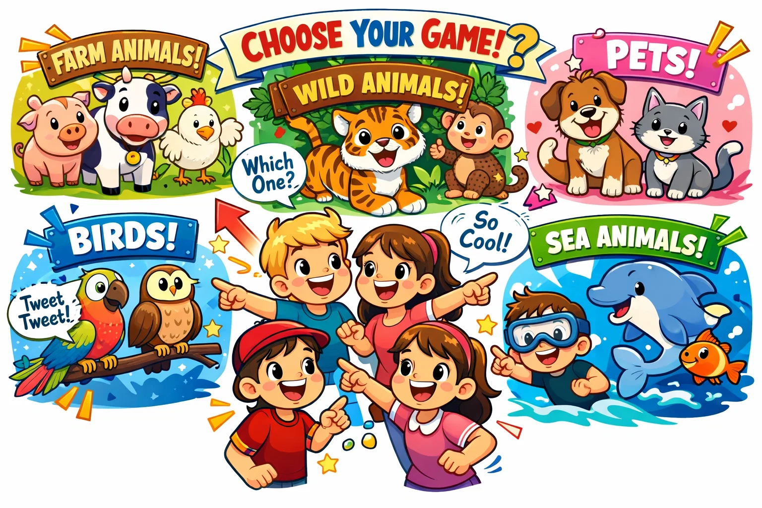 Games by animal type showing kids learning farm, wild, pet, and sea animal sounds.
