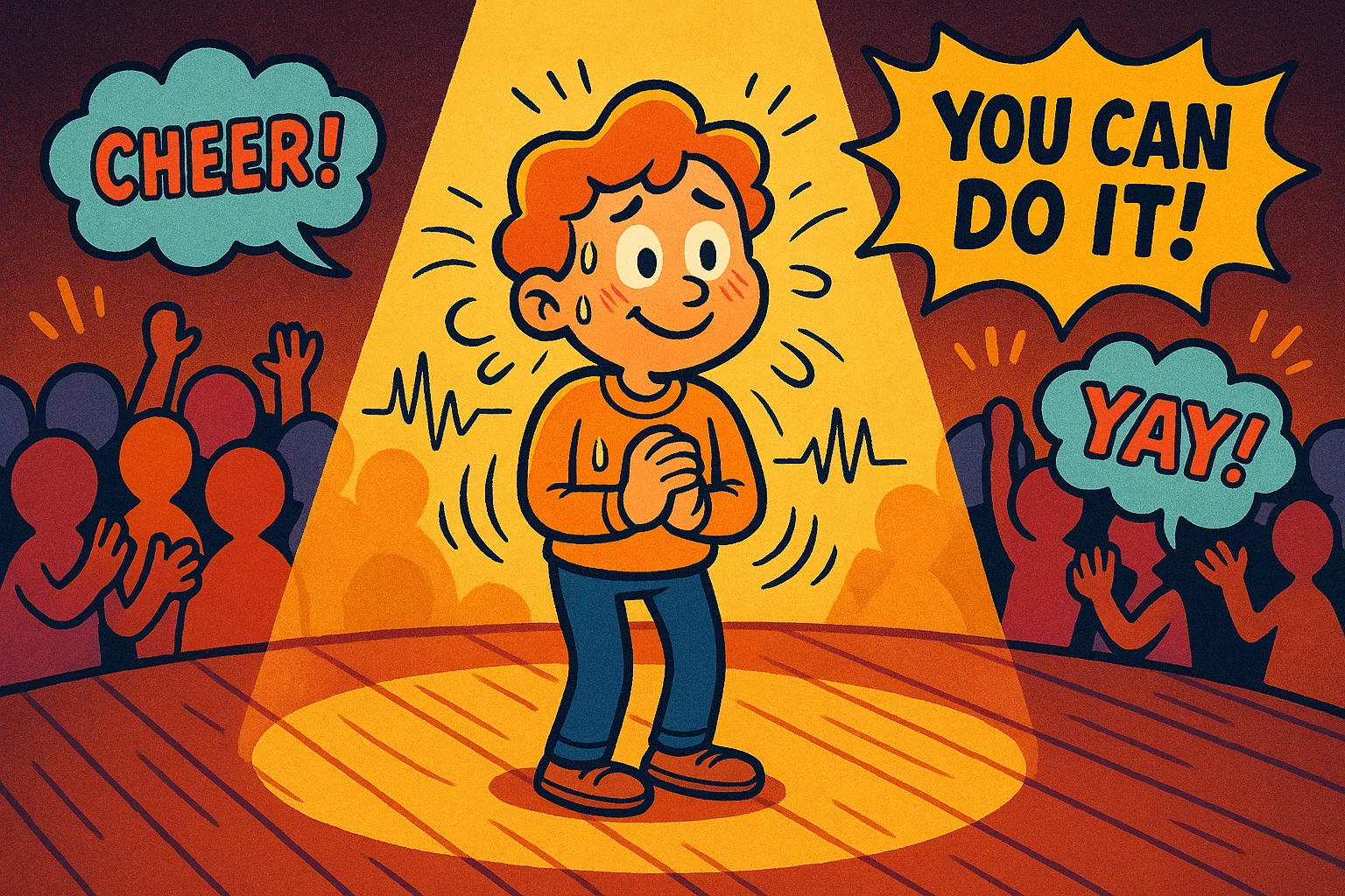 Cartoon illustration of how to get rid of stage fear with a performer overcoming anxiety. Cartoon illustration of how to get rid of stage fear with a performer overcoming anxiety.