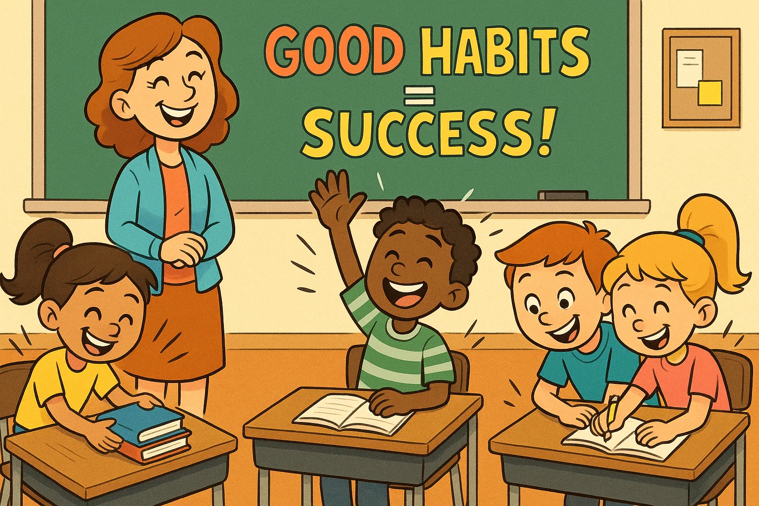 Playful cartoon of students practicing good habits in classroom with teacher smiling. Playful cartoon of students practicing good habits in classroom with teacher smiling.