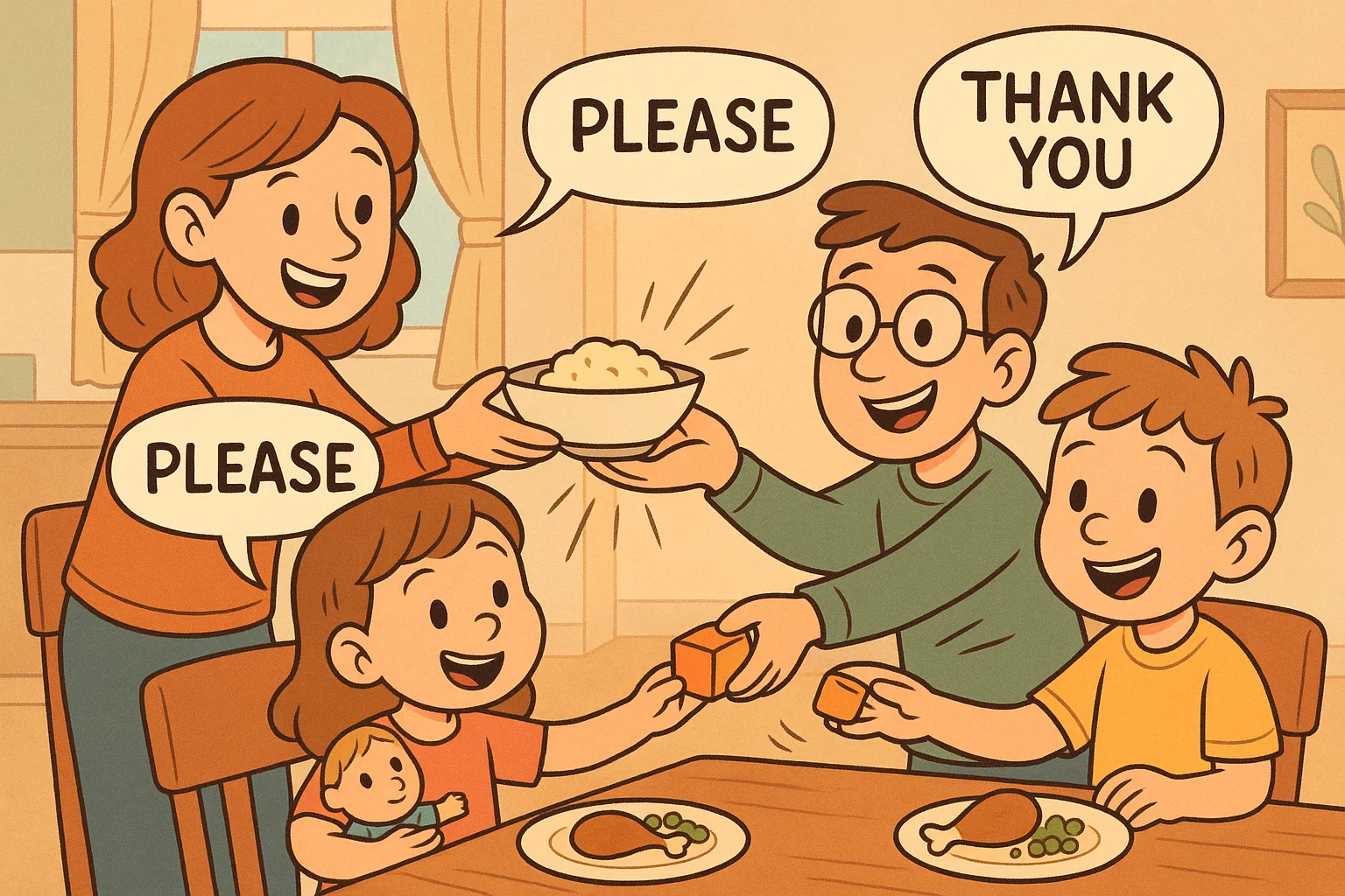 Family practicing good manners at home with respect and kindness every day.