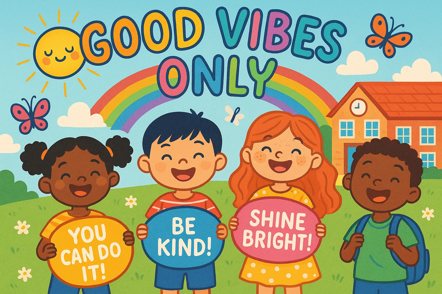 Cartoon classroom of kids sharing good vibes quotes for kids and positive words. Cartoon classroom of kids sharing good vibes quotes for kids and positive words.