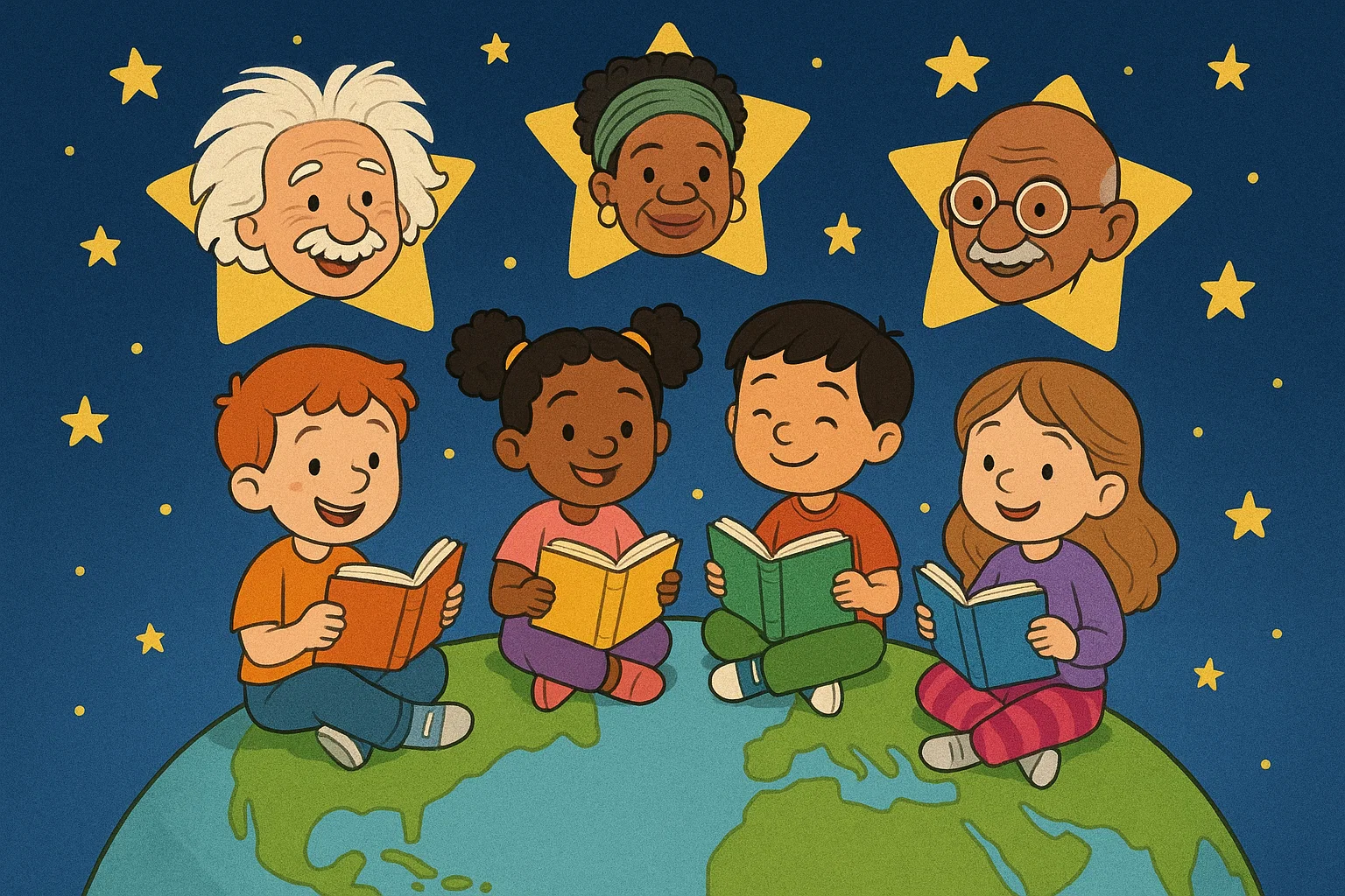Cartoon kids reading good vibes quotes from famous authors and leaders. Cartoon kids reading good vibes quotes from famous authors and leaders.
