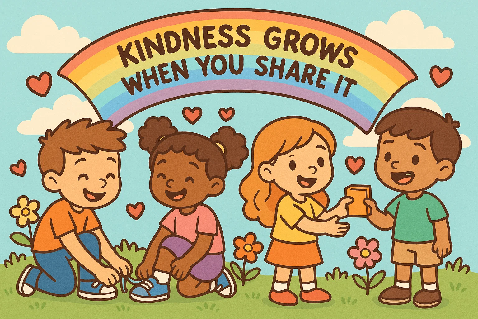 Cartoon children showing kindness and friendship with sharing and helping. Cartoon children showing kindness and friendship with sharing and helping.