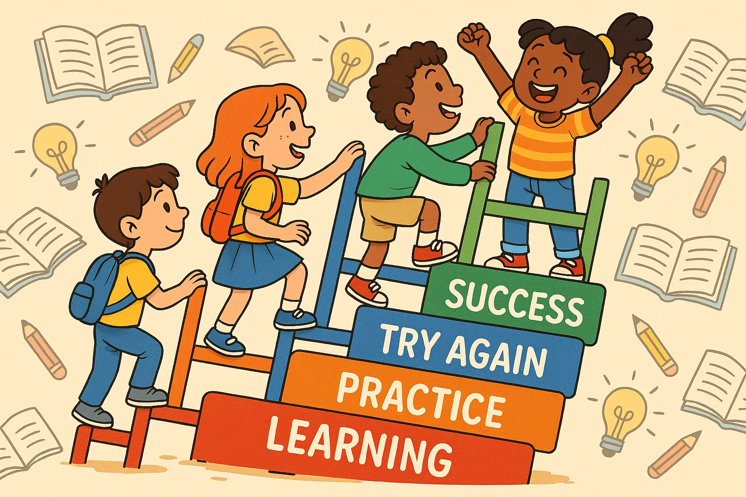 Cartoon kids climbing ladder of learning and growth with books and pencils. Cartoon kids climbing ladder of learning and growth with books and pencils.