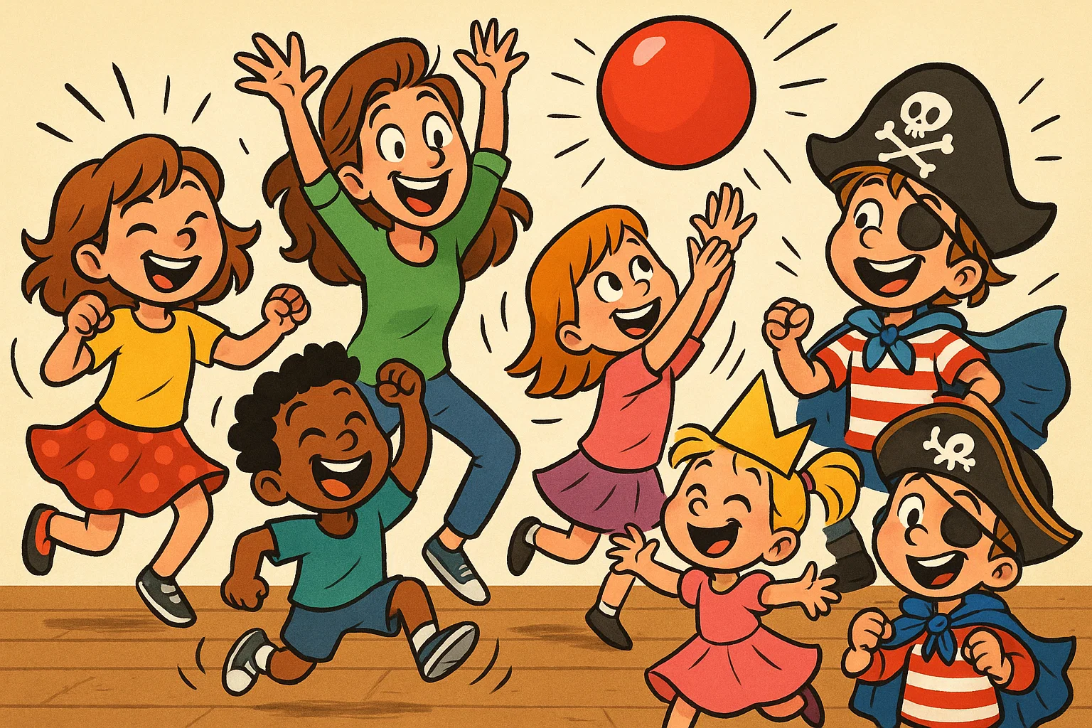 Babysitting group interactive games with children dancing and having fun.