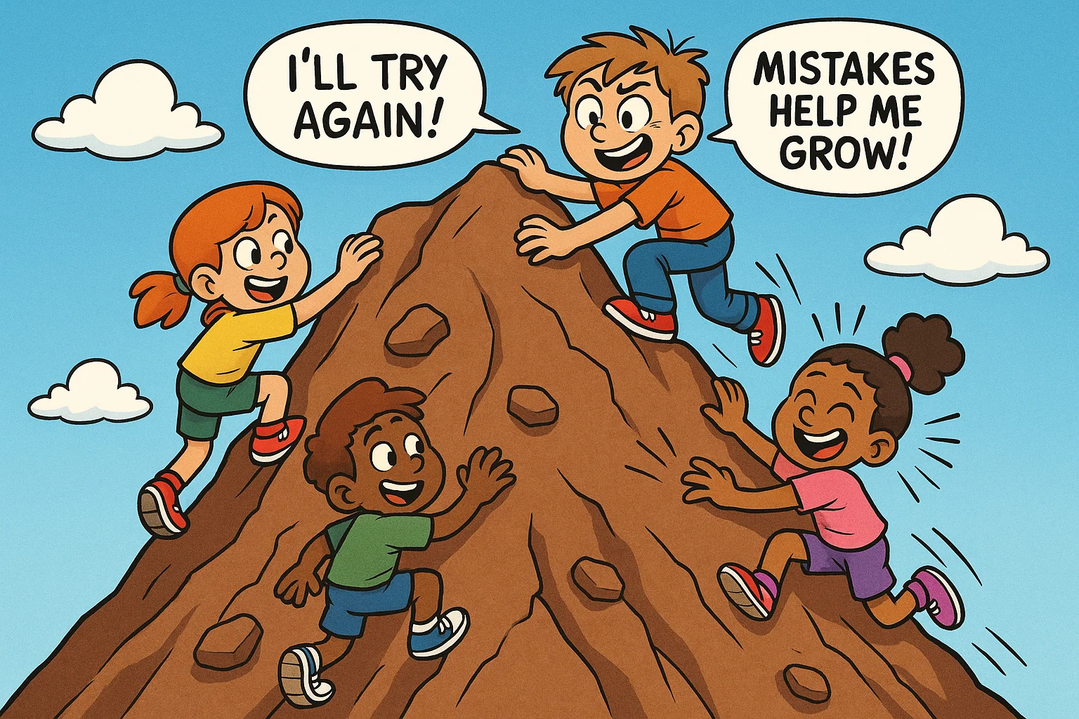 Cartoon kids climbing mountain with positive growth mindset school quotes. Cartoon kids climbing mountain with positive growth mindset school quotes.