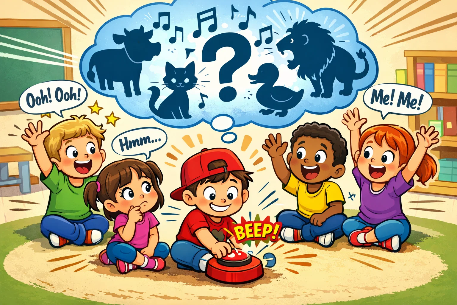 Guess animal sound game with kids listening and choosing animals from sound clues.
