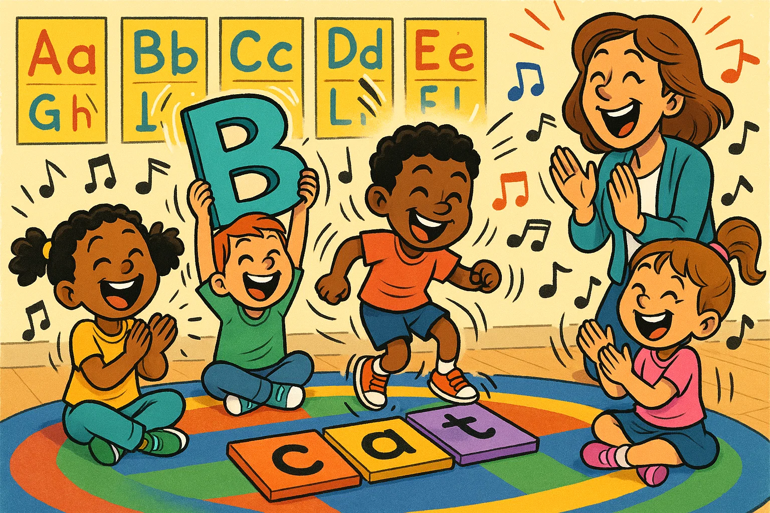 Smiling kids play interactive phonics games using colorful letters and blocks.