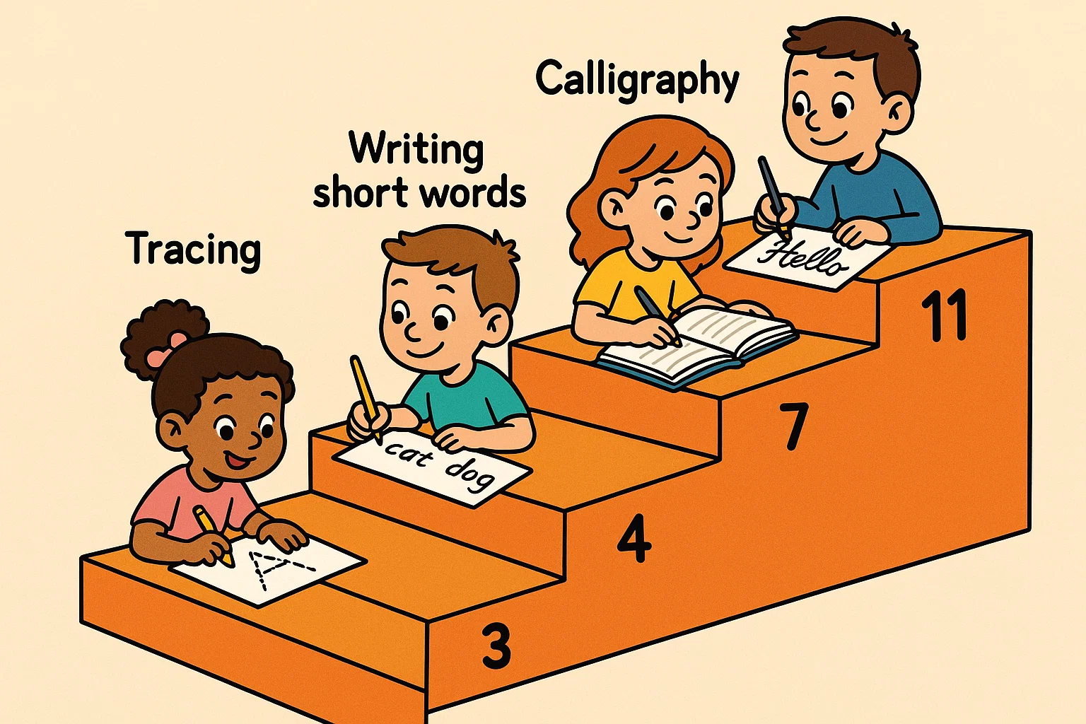 Cartoon staircase with children playing handwriting games by age group stepwise. Cartoon staircase with children playing handwriting games by age group stepwise.