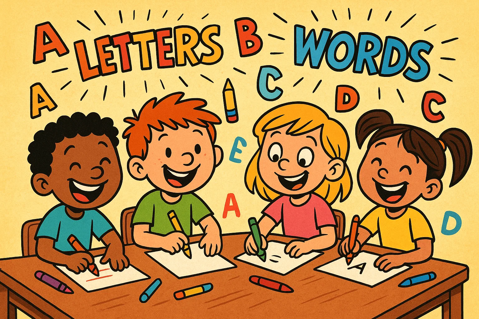 Cartoon of handwriting games for kids with children writing letters at a table. Cartoon of handwriting games for kids with children writing letters at a table.