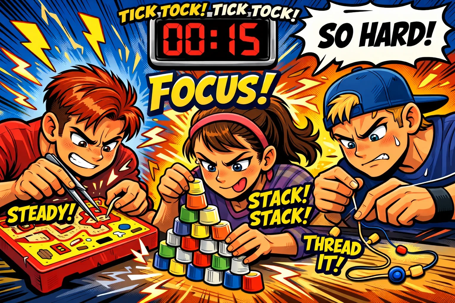 Hard one minute games older kids with challenging tasks and timer pressure. 
