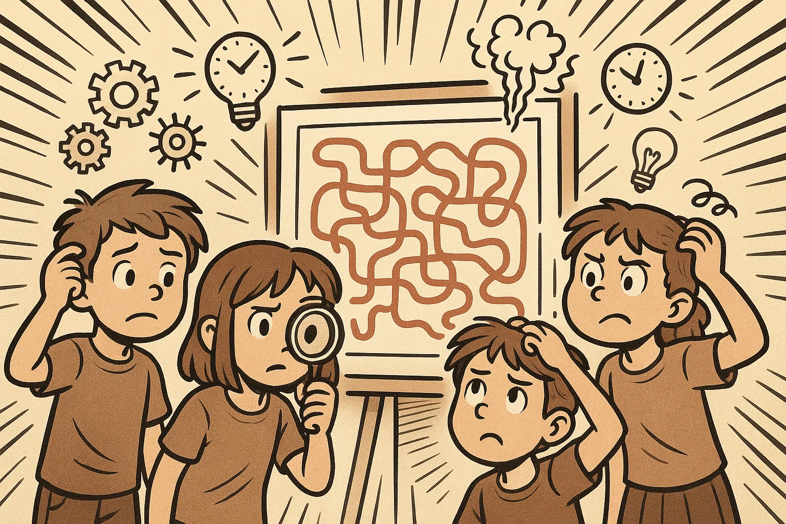 Children solving hard tricky questions with focus and funny expressions. Children solving hard tricky questions with focus and funny expressions.