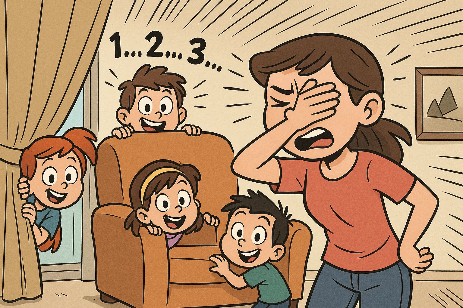 Babysitting game of hide and seek with kids hiding and laughing indoors.
