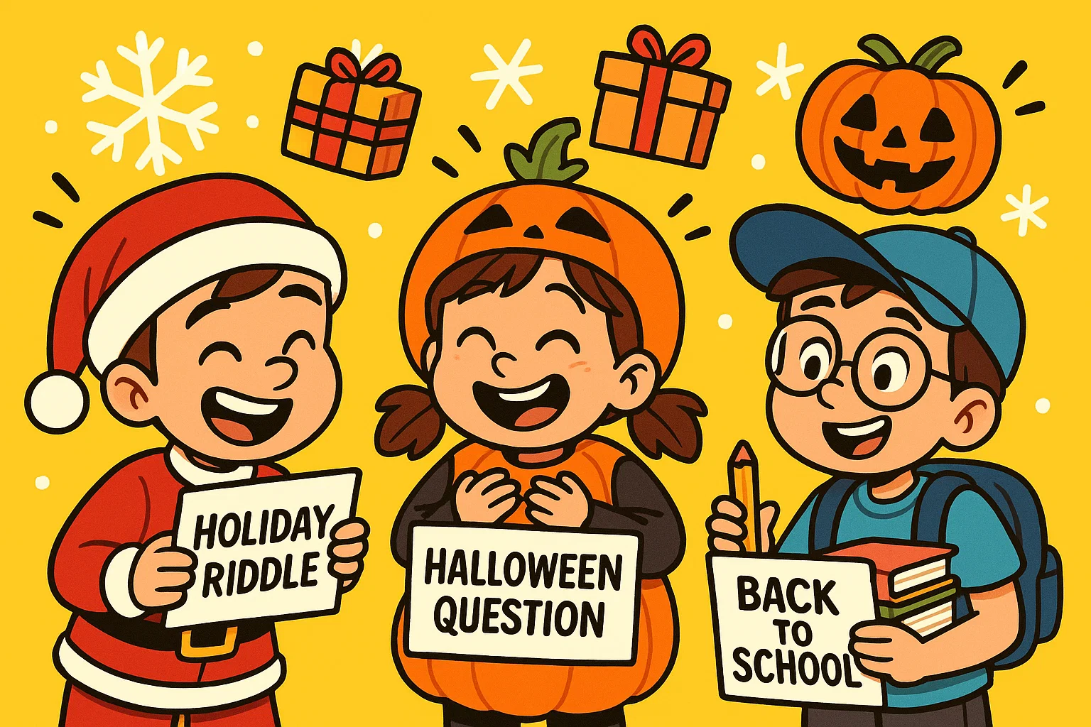 Kids answering holiday and seasonal tricky questions during Christmas and Halloween. Kids answering holiday and seasonal tricky questions during Christmas and Halloween.