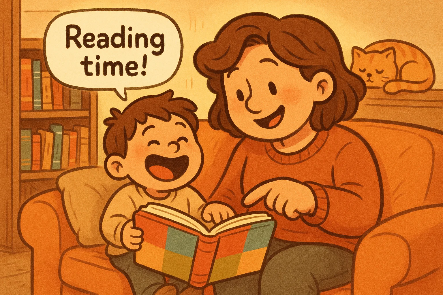 Warm cartoon of parent helping child with reading at home for better literacy. Warm cartoon of parent helping child with reading at home for better literacy.