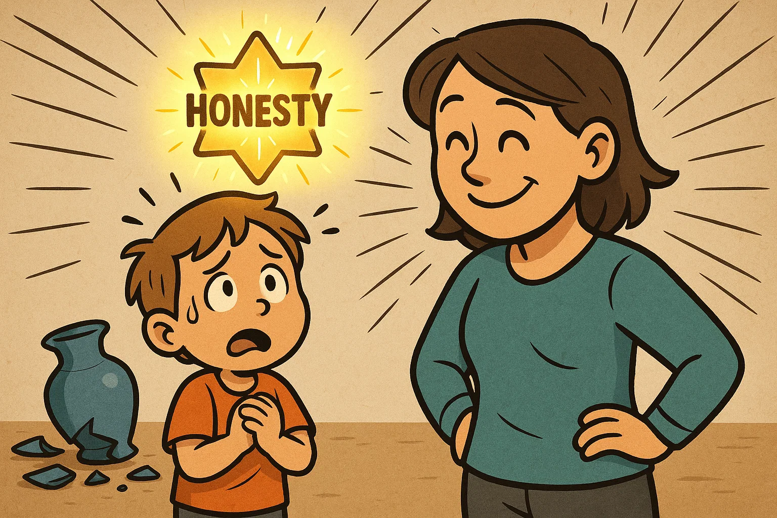 Cartoon child showing honesty and building trust with parent. Cartoon child showing honesty and building trust with parent.