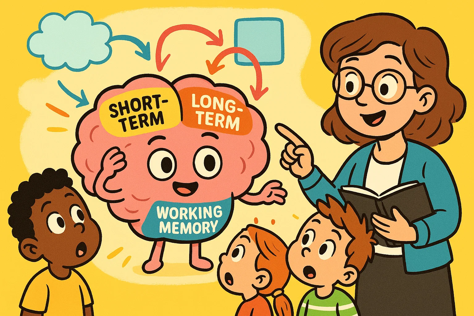 Teacher shows how memory works in children using a bright cartoon brain diagram. Teacher shows how memory works in children using a bright cartoon brain diagram.