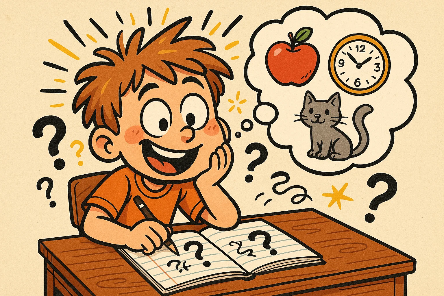 Cartoon child learning how to create own riddles with notebook and playful doodles.