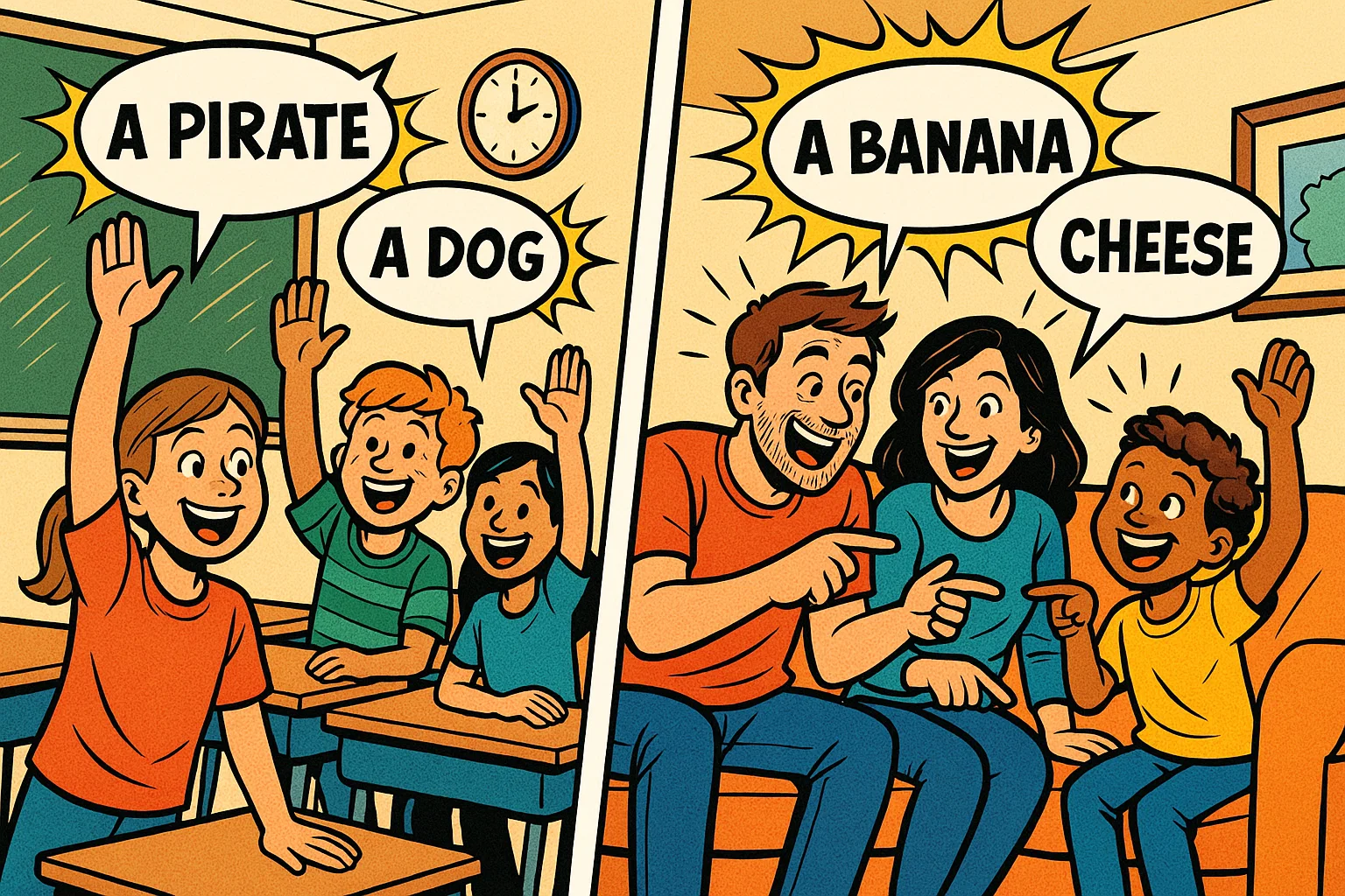 Teacher and family playing this or that questions with kids in cartoon style. Teacher and family playing this or that questions with kids in cartoon style.