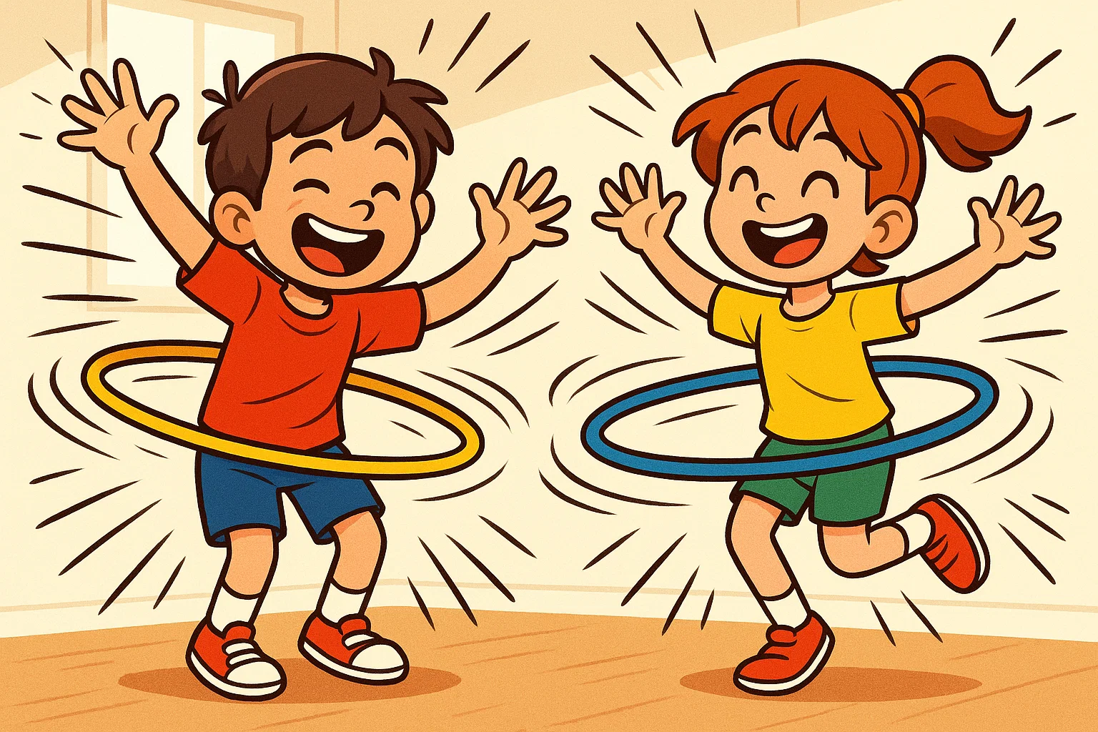 Cheerful cartoon kids and adults playing diverse hula hoop games in a park, showcasing fun and energetic activities. Cheerful cartoon kids and adults playing diverse hula hoop games in a park, showcasing fun and energetic activities.