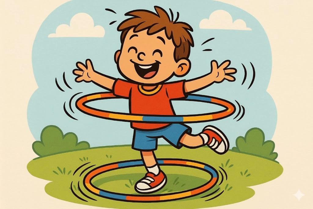 A cartoon child shows coordination by balancing on one foot while spinning a hula hoop around their waist. A cartoon child shows coordination by balancing on one foot while spinning a hula hoop around their waist.